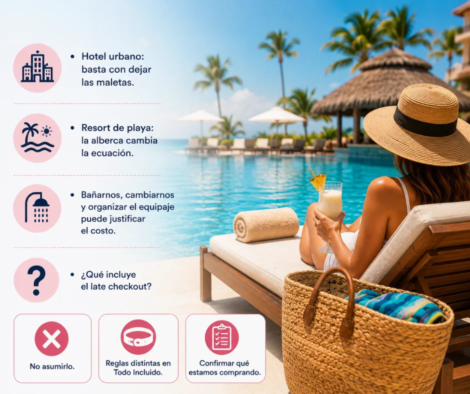 En un resort de playa, conservar la habitación unas horas más puede valer la pena si permite bañarse, cambiarse y aprovechar las instalaciones antes de salir al aeropuerto.