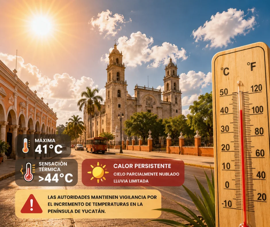 Mérida continuará bajo un ambiente de calor intenso prolongado, con temperaturas máximas cercanas a los 41°C.