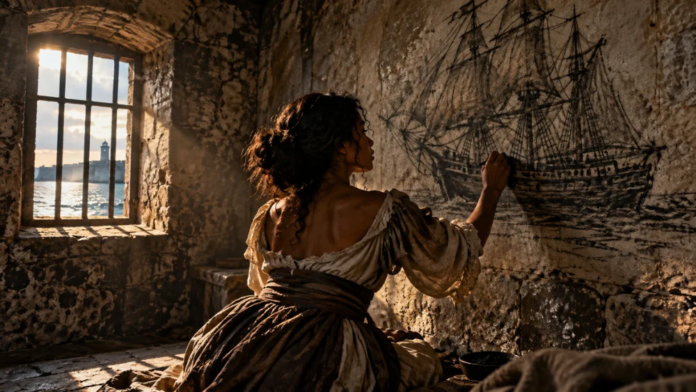 Representación artística de la leyenda de la Mulata de Córdoba, quien, según la tradición, dibujó un barco en la pared de su celda antes de desaparecer misteriosamente.