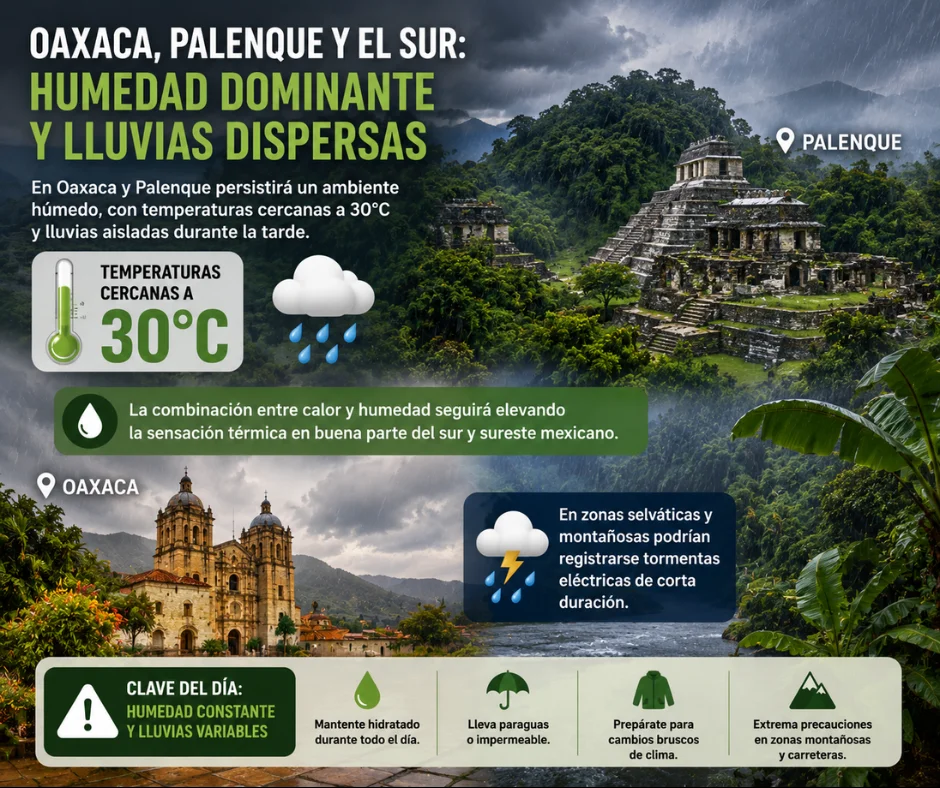 En Oaxaca y Palenque persistirá un ambiente húmedo, con temperaturas cercanas a los 30°C y lluvias aisladas durante la tarde.
