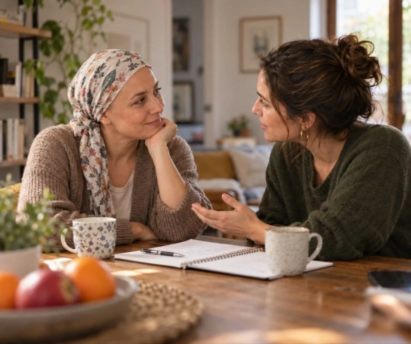 Dos mujeres adultas conversan en una mesa de casa. Una lleva un pañuelo en la cabeza mientras la otra le habla