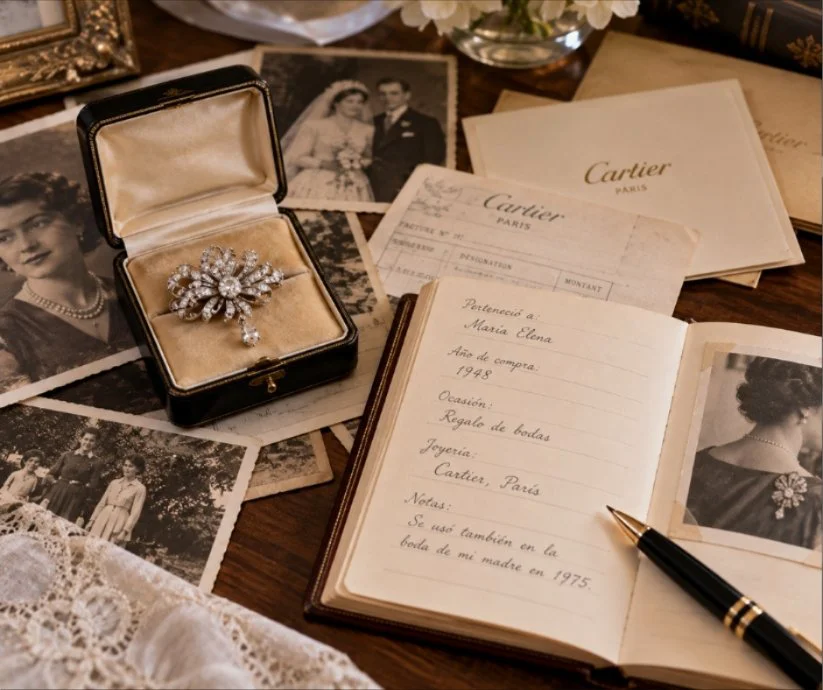 Broche antiguo guardado junto a fotografías familiares, documentos, factura y notas manuscritas sobre su procedencia.