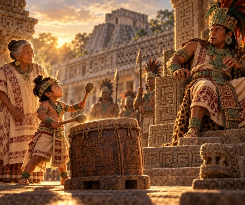 Ilustración del enano de Uxmal tocando un tunkul frente al rey maya, acompañado por su madre.