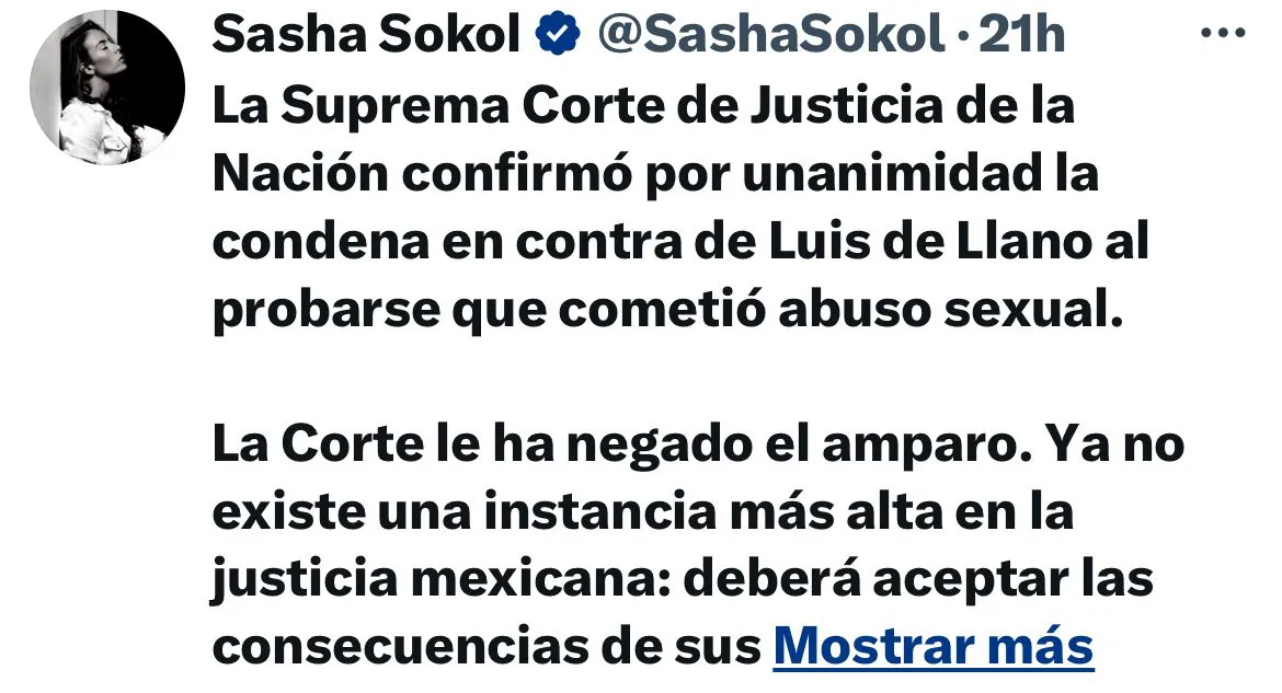 Mensaje de Sasha en la red social X (Twitter) Mensaje de Sasha en la red social X (Twitter)