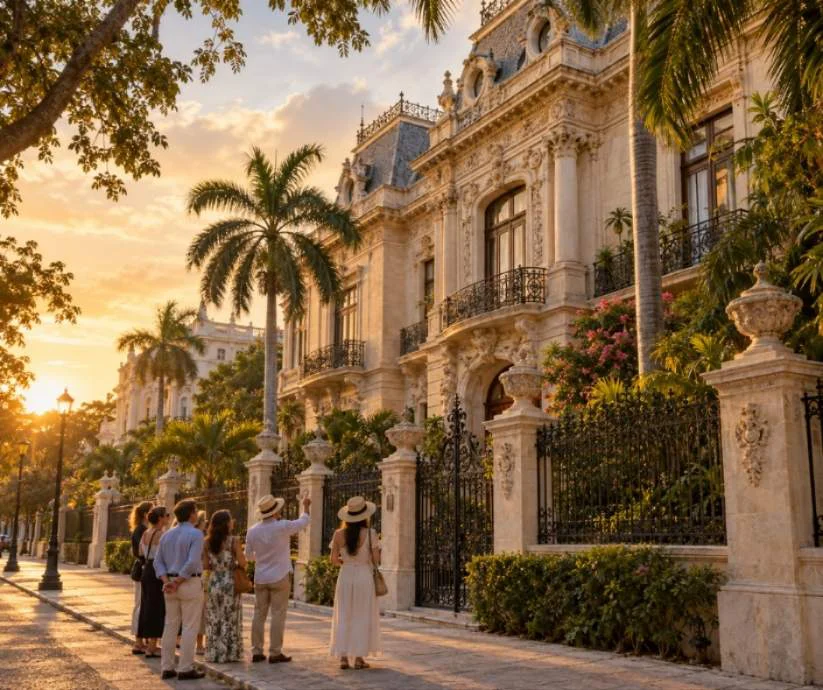 Recreación de una residencia señorial de inspiración francesa en Mérida, Yucatán, con balcones de hierro forjado.