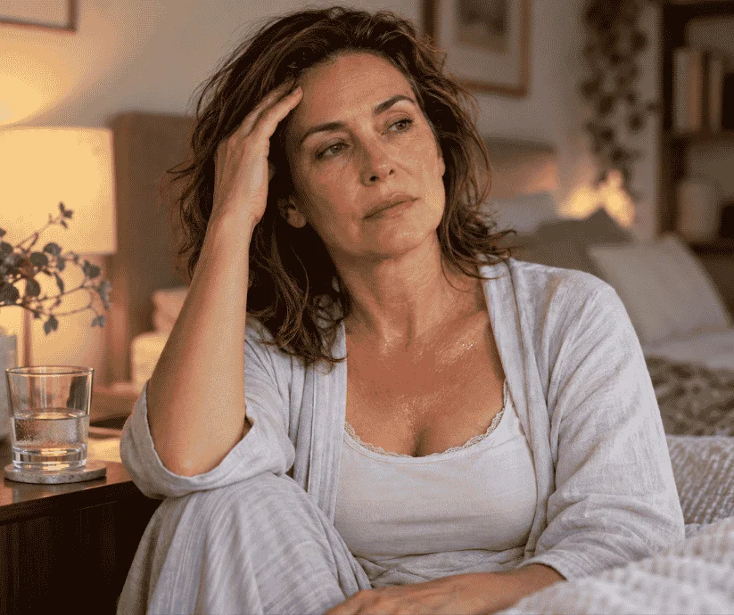 Mujer de mediana edad con expresión de cansancio y una mano sobre la frente, con síntomas de menopausia.