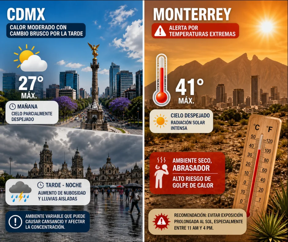 CDMX cambia, Monterrey arde- el contraste climático que marca el día.